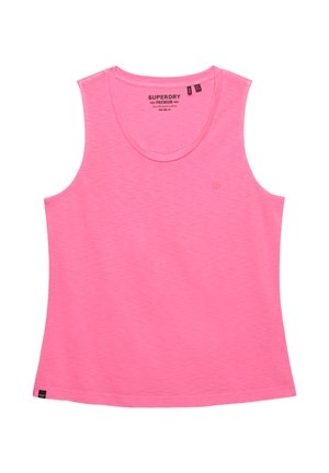 Bright pink sleeveless tank top with round neck and small black brand label near the bottom hem.