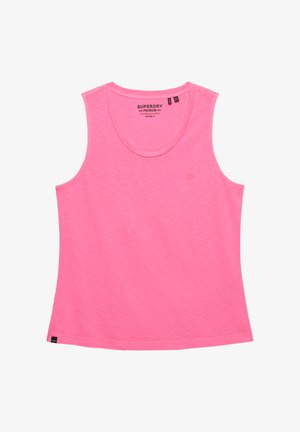 Bright pink sleeveless tank top with round neck and small black brand label near the bottom hem.