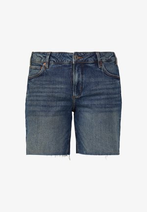 Donkerblauwe denim shorts met een vervaagde wassing, met een rechte snit, rafelige zoom, vijf zakken en een knoopsluiting.