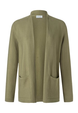 Olive green open-front cardigan with long sleeves and two front patch pockets, lightweight knit fabric.
