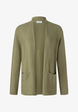 Olive green open-front cardigan with long sleeves and two front patch pockets, lightweight knit fabric.