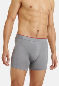 Boxer in grigio per uomo dal tessuto morbido, con un elastico in vita accentato di rosso e un design aderente per comfort e supporto.