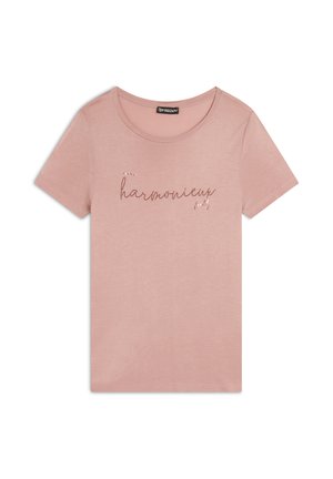 T-shirt in cotone rosa con maniche corte, caratterizzato da ricamo della scritta "harmonieuz" in filo metallico. Girocollo, texture morbida.