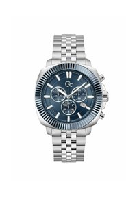 Silver stainless steel wristwatch with a blue textured dial, three sub-dials, and a date window, featuring a ridged bezel and link bracelet.
