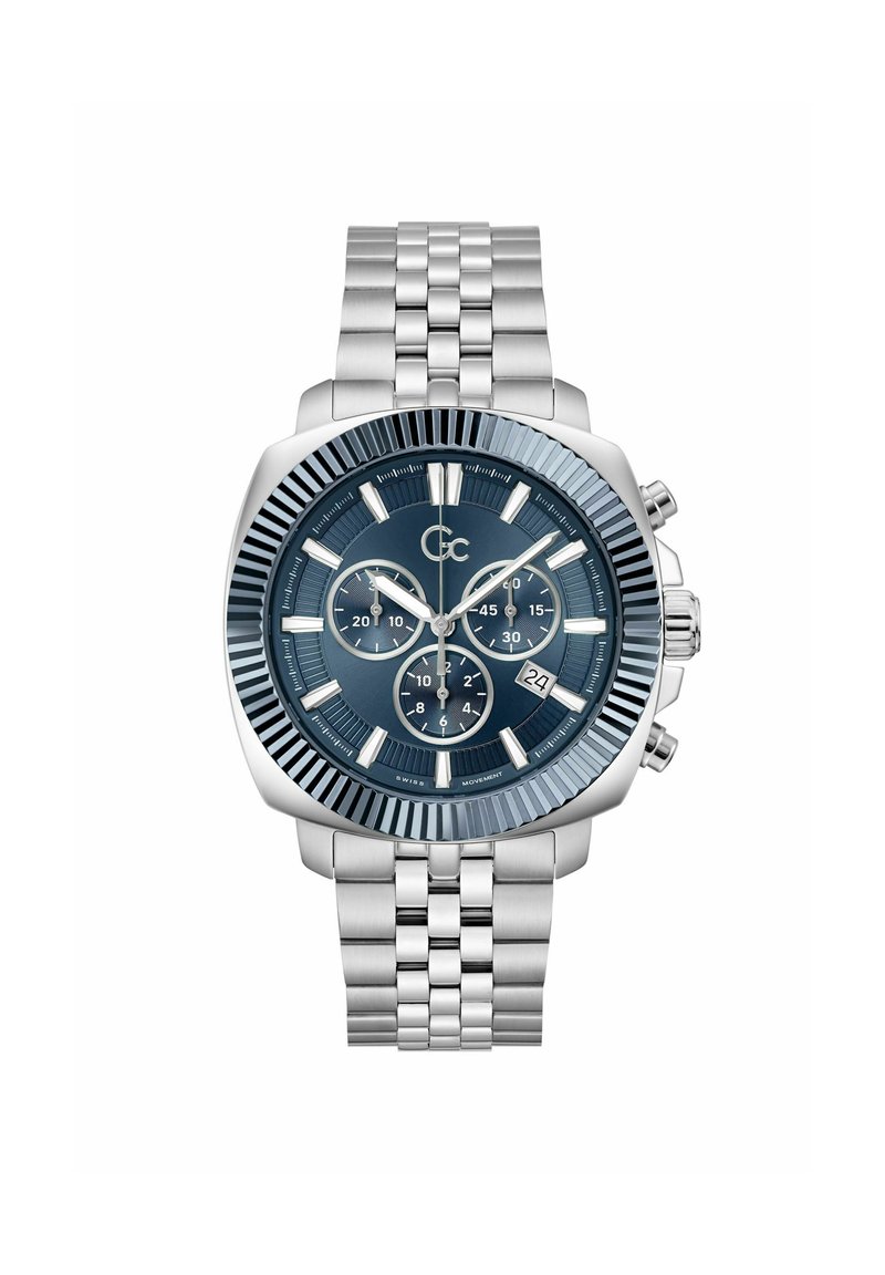 Silver stainless steel wristwatch with a blue textured dial, three sub-dials, and a date window, featuring a ridged bezel and link bracelet.