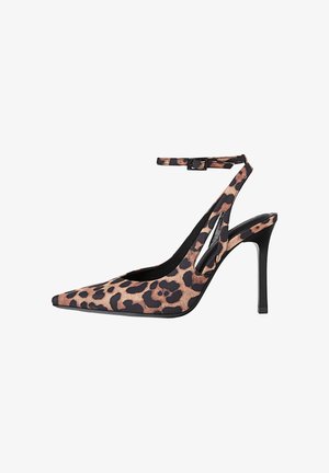 Leopard print slingback high heel shoes with a pointed toe, open side, and adjustable ankle strap. Made of fabric, featuring a black sole.