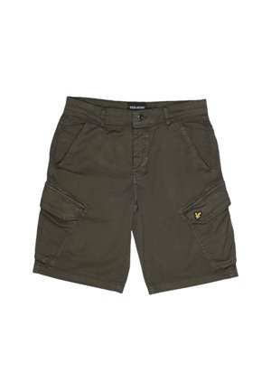Pantaloni cargo verde oliva in cotone, con due tasche laterali, una tasca a toppa sulla gamba destra e un piccolo logo sul davanti.