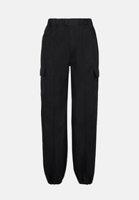 Pantalon cargo noir avec une taille élastique, des chevilles fuselées et des poches latérales. Fabriqué en tissu durable avec une texture lisse.