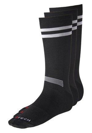 Schwarze Sportsocken mit weißen Streifen, gerippter Textur und verstärktem Zehenbereich. Enthält drei Paar mit einem roten Logo am Zehenbereich.