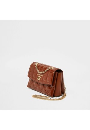 Brown quilted leather handbag with gold chain strap and River Island logo on front flap, shown on white background.