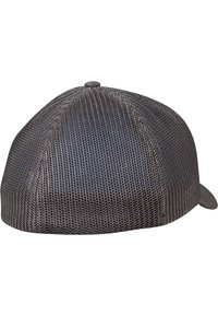 Sort meshkasket med rund krone, glat skygge og en detalje med topknap. Teksturen er åndbar med et struktureret design.