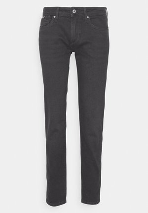 Jeans en denim noir avec une coupe droite, un design à cinq poches et une petite étiquette de marque sur la ceinture. Texture lisse et coutures minimales.