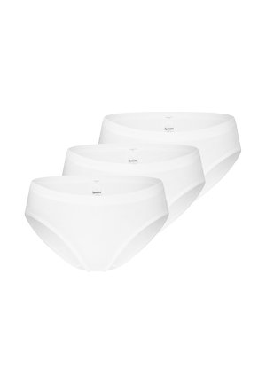 Three white seamless cotton briefs arranged overlapping, showing front and elastic waistband with small brand label.