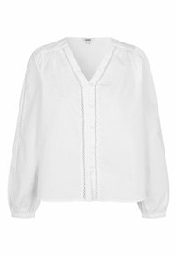 Blusa di cotone bianco con scollatura a V, chiusura frontale con bottoni e maniche lunghe a sbuffo. Presenta un bordo in pizzo decorativo lungo il pattina e le spalle.