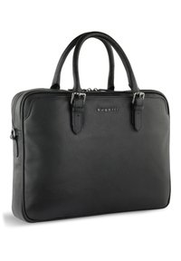Zwarte leren laptoptas met twee handvatten, textuur aan de buitenkant, ritssluiting en zilveren hardware. Voorzien van een gegraveerde merknaam aan de voorkant.