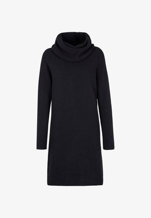 Schwarzes gestricktes Tunika-Kleid mit einem Schalkragen, langen Ärmeln, gerippter Textur und gerader Silhouette. Keine sichtbaren Muster oder Akzente.