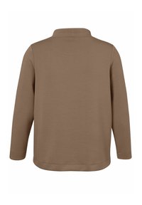 Brown long-sleeve polo shirt featuring a soft, smooth texture with a collar and stitched hem, presented from the back view.