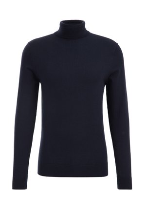 Mornarska turtleneck majica napravljena od mekog materijala, s dugim rukavima i prilagođenim krojem s rebrastim rubom i manžetama. Glatka tekstura.