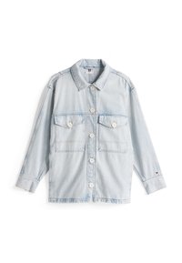 Light blue denim jacket with long sleeves, two front pockets, button closure, and a classic collar. Features subtle stitching details.