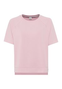 Lys rosa kortærmet sweatshirt med rund hals, raglan ærmer og en lavere nederste kant. Blødt stof med minimale syninger og logodetalje.