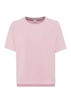 Light pink short-sleeved sweatshirt with a crew neckline, raglan sleeves, and a lower hemline. Soft fabric with minimal seams and logo detail.
