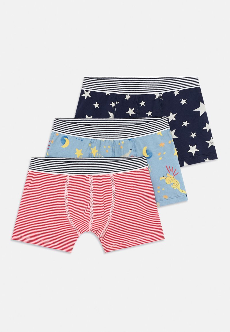 Drei Paare Jungen-Boxershorts: marineblau mit Sternen, hellblau mit Mond- und Sonnenmustern sowie rot gestreift. Aus weicher Baumwolle mit elastischem Bund.