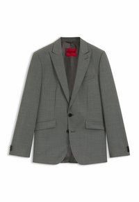 Grå blazer lavet af tekstureret stof. Har en notched revers, to forlommer, sorte knapper og et rødt inderlabel.