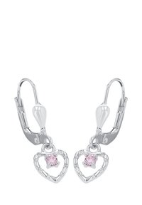Silvriga örhängen i hj�ärtform med rosa ädelstensakcenter, med ett svängbart lås och intrikat metallarbete runt ädelstenarna.