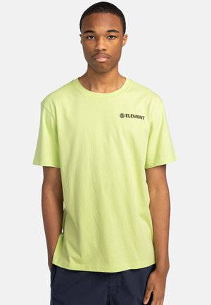 Short-sleeve, crew neck t-shirt in bright lime green cotton. Features a small black "ELEMENT" logo on the chest. Smooth texture.