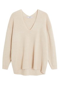 Beżowy, oversize sweter, z dekoltem w serek, z długimi r�ękawami i bocznymi rozcięciami. Miękka tekstura, lekki, dzariany materiał, luźny krój.