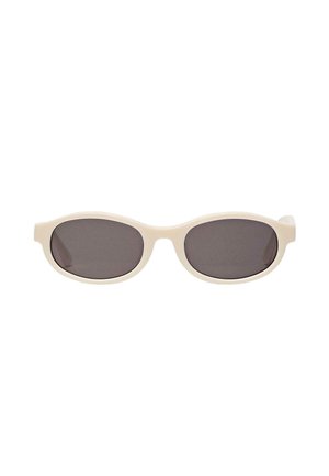 White sunglasses with oval lenses, dark gray tint, and a smooth plastic frame. Features rounded edges and no noticeable hardware.