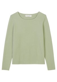 Groene geribbelde lange mouwen top met een ronde halslijn, een gestructureerde stof en een eenvoudig ontwerp. Etiket leest "Marc O'Polo."