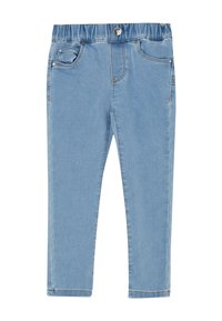 Pantaloni in denim azzurro chiaro con vita elastica, design a cinque tasche, cuciture visibili e una texture liscia.