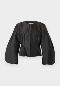 Jachetă scurtă din satin negru, cu decolteu rotund, corp structurat și mâneci largi, voluminoase; prezintă detalii cu cusături centrale.