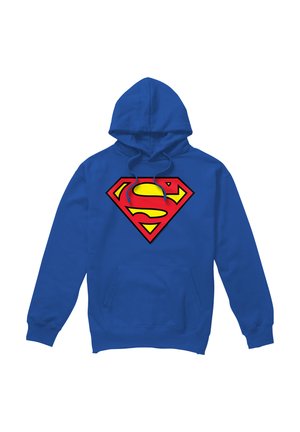 Blauer Hoodie mit Fronttasche und großem rotem und gelbem Superman-Logo auf der Brust.