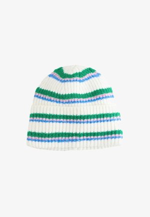 Biela rebrovaná pletená čiapka s vodorovnými pruhmi v zelenej, modrej a ružovej farbe.