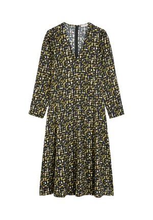 Robe à manches longues avec un décolleté en V et un motif abstrait multicolore en noir, jaune et blanc, dotée d'une jupette évasée.