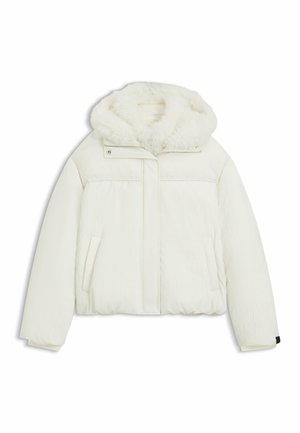 Dikke witte jas met een faux fur- gevoerde capuchon, horizontaal textuurpatroon, zijzakken en een ritssluiting aan de voorkant.