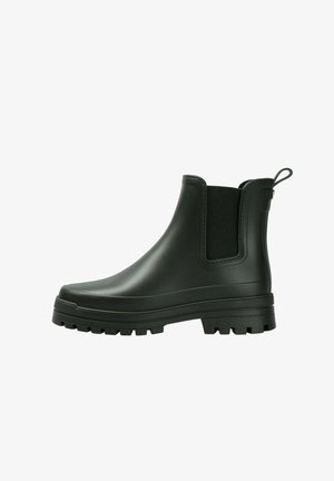 Botas de tobillo de goma negra con un diseño sin cordones, que cuentan con paneles laterales elásticos, una suela texturizada y una lengüeta para facilitar el ponerlas.