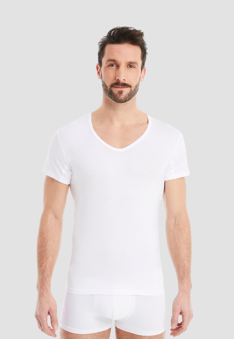 White cotton V-neck T-shirt with short sleeves, smooth texture, and fitted design, paired with matching white underwear, front view.