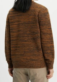 Maglione a righe marrone e marrone scuro con orlo a coste, colletto girocollo e maniche lunghe; realizzato in materiale a maglia testurizzata.