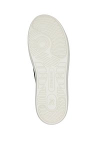 White sneaker sole with patterned grooves and circular details, featuring a smooth rubber surface and a clear logo inscription.