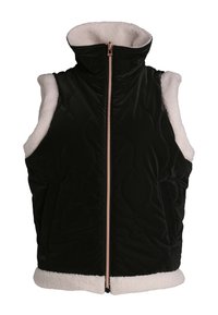 Zwarte gestikte vest met hoge kraag en crèmekleurige fleeceafwerking, heeft een ritssluiting aan de voorkant en zijzakken. Zachte textuur en gewatteerd ontwerp.