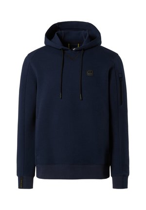 Sudadera azul marino, material de mezcla de algodón, capucha con cordón, puños y dobladillo acanalados, cuenta con un bolsillo con cremallera en la manga izquierda y un parche con el logo.