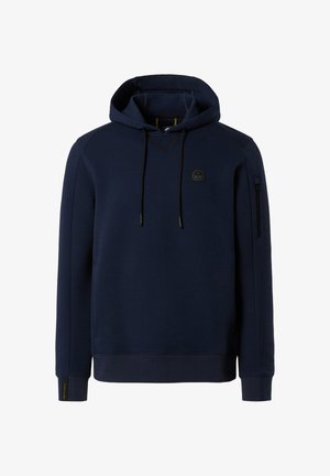Marineblauer Kapuzenpullover, aus einer Baumwollmischung, mit Kordelzugkapuze, gerippten Bündchen und Saum. Er hat eine Reißverschlusstasche am linken Ärmel und ein Logo-Patch.