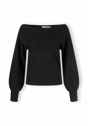 Must pakkpüksi pehme kudumisega must off-shoulder särk. Omab pikki ballooni mansetiga varrukaid ja sobivat soonikku äärt. Lihtne ja kaasaegne disain.