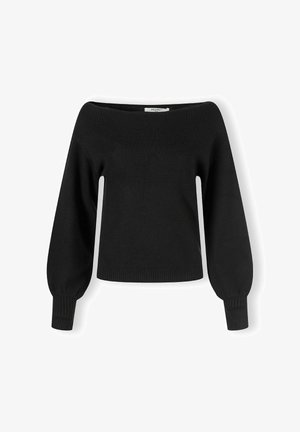 Sort off-shoulder sweater lavet af blødt strikstof. Har lange, ballonærmer og en tætsiddende ribkant. Enkel og moderne design.