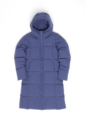 Langer, kapuzenförmiger Daunenmantel in einem hellen Lila-Ton. Verfügt über einen Reißverschluss vorne, gestepptes Design und geräumige Ärmel. Weicher, isolierter Stoff.