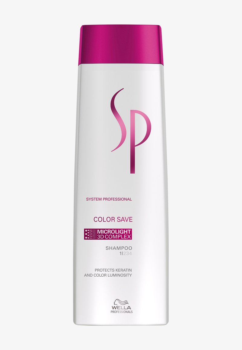 Bouteille blanche de shampooing Wella Professionals System Professional Color Save avec bouchon magenta et logo, présentant la formule Microlight 3D Complex.