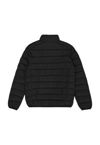 Giacca nera imbottita con colletto alto, caratterizzata da sezioni a righe orizzontali e polsini elasticizzati per una vestibilità aderente. Design semplice e funzionale.